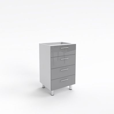 4 Schubladen Unterschrank Grau Hochglanz Breite 30-80cm Tiefe 45cm Chrom Füße