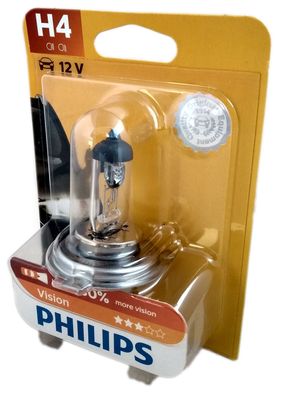 H4 Philips Vision P43t + 30% mehr Licht 1 Stück Blister 12342PRB1