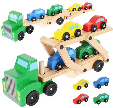 Zug mit 1 Waggon Anhänger Ladung Auto Holzspielzeug Kinder Holz NEU 