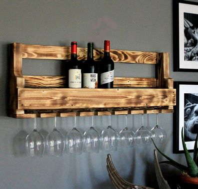 Weinregal VINO Wein Regal Gläserhalter Flaschenregal braun Holz geflammt