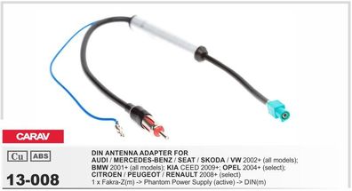 CARAV 13-008 Autoradio Fakra DIN Antennenadapter für AUDI SEAT SKODA VW, Mercedes ...