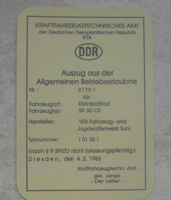 Auszug aus ABE SR50CE DDR Simson Oldtimer