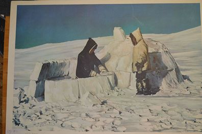 Wandbild Iglo Eskimo Schneehaus vintage Igloo chart 92x64 1959 Ice age Canada