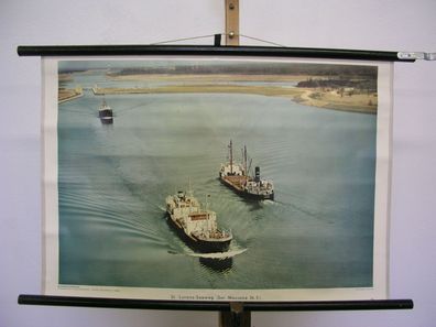 altes Wandbild St. Lorenz-Seeweg bei Massena N.Y. Schiffe 75x51 vintage map 1960