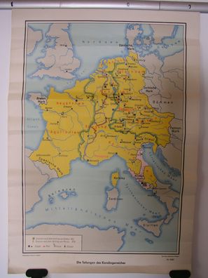 alte Wandkarte Teilungen d Karolingerreiches vintage german wall map 64x92 1960