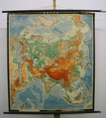 Wandkarte Asien China Nordpol kleine Ausgabe Europa 1962 95x109cm 1962 vintage