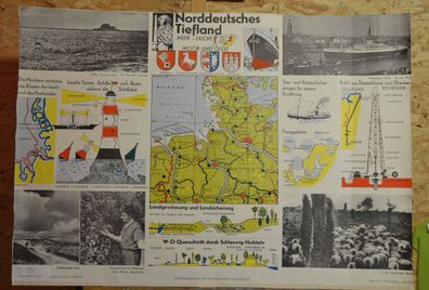 Schulwandkarte Schulkarte Norddeutsches Tiefland Schiff 100x65 1960 vintage