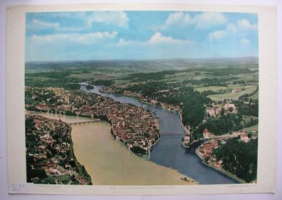 Wandbild Altstadt Passau Flüsse Donau Inn Ilz 92x64 1957 vintage Danube picture