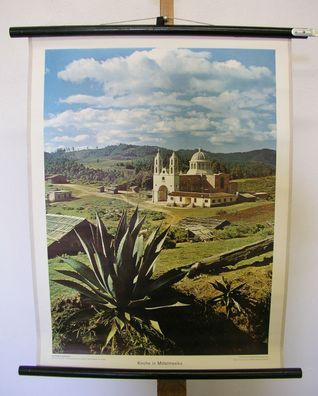 schöne alte Schulwandkarte Bild Kirche in Mittelmexiko 55x72cm vintage map 1960