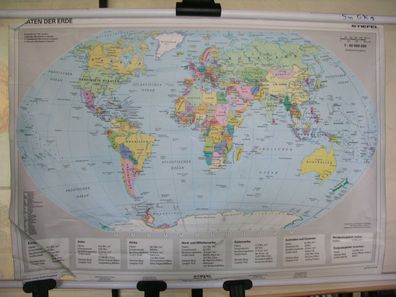 Wandkarte politische Weltkarte Daten der Kontiente, Staaten 95x65 1998 vintage