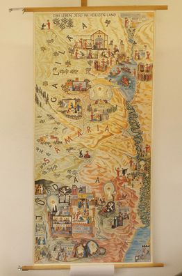 Wandkarte Das Leben Jesu im Heiligen Land Neues Testament 59x121cm 1960 vintage