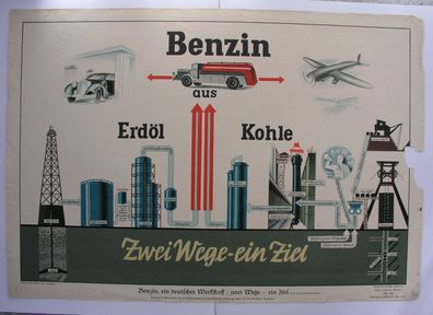 schönes Wandbild Benzin, ein deutscher Werkstoff, zwei Wege ein Ziel 92x64 1939