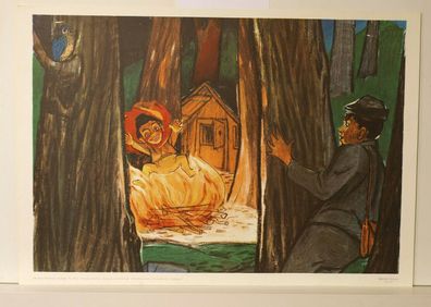 Wandbild Märchenbild Rumpelstilzchen Wald Jäger Feuer 92x64 Poster vintage 1965