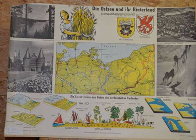 Schulwandkarte Wandkarte Ostsee Pommern Mecklenburg Kornkammer ca100x65cm 1960