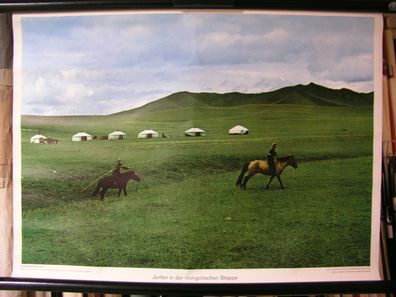 Schulwandbild Wandbild Altes Bild Jurten Mongolische Steppe Mongolei Asien 71x51