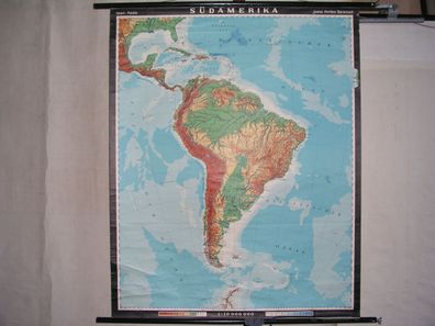 Südamerika klein ! physisch Karibik bis Chile 1963 Schulwandkarte Wandkarte 97x117cm