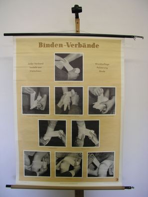Erste Hilfe Unglück Binden-Verbände 1953 Schulwandbild Wandbild 82x113cm