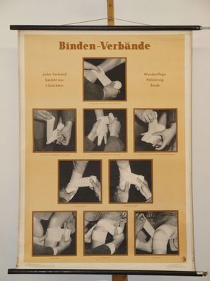 Erste Hilfe Unglück Binden-Verbände 1953 Schulwandbild Wandbild 83x114cm