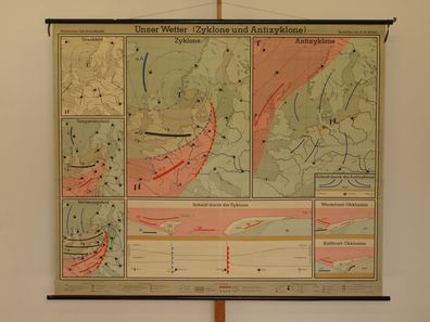 Wetterlagen Hochdruck Tiefdruckgebiete Zyklone Europa 1958 Wandkarte 211x174cm