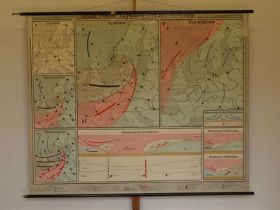 Wetterlagen Hochdruck Tiefdruckgebiete Zyklone Europa 1958 Wandkarte 211x172cm