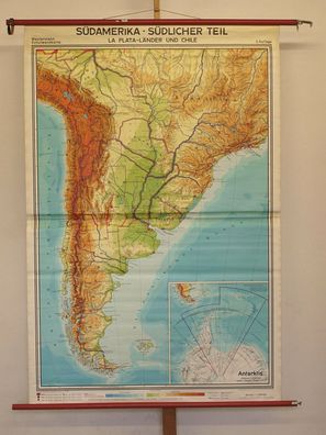 wall map South america Patagonia Argentinia Chile Uruguay 128x191cm 1975 vintage