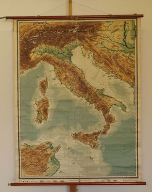 Schulwandkarte Italien Italy Alpen Alps Mittelmeer 1915 122x158 vintage wall map
