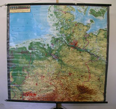 Schulwandkarte 3-dimensionale Nordwestdeutschland 163x155cm 1960 vintage 3D map