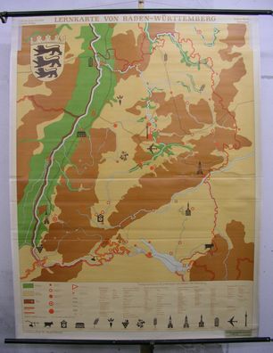 Schulwandkarte Wandkarte Karte map Baden-Württemberg Lernkarte 134x176cm 1963