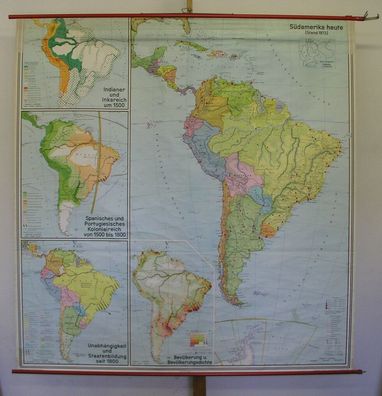 Wandkarte Südamerika 1973 183x189cm Konquistadoren Spanier Portugiesen Freiheit