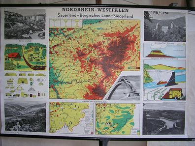 Wandkarte NRW Sauerland Bergisches Siegerland 140x95 1958 vintage Oldtimer Deko
