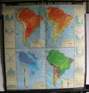 Schulwandkarte Südamerika Brasil Chile Argentinia Klima 180x193 DDR 1981 vintage