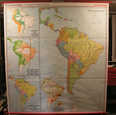 Wandkarte Südamerika 1977 184x199cm Geschichte Nasca Moche Konquista Bolivar Che