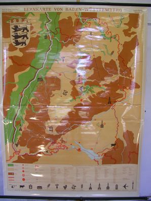 Schulwandkarte Wandkarte Karte map Baden-Württemberg Lernkarte 133x179cm 1963