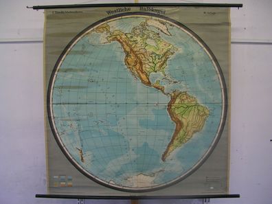 Schulwandkarte Wandkarte Amerika America Planiglobe map Halbkugel 1952 165x168