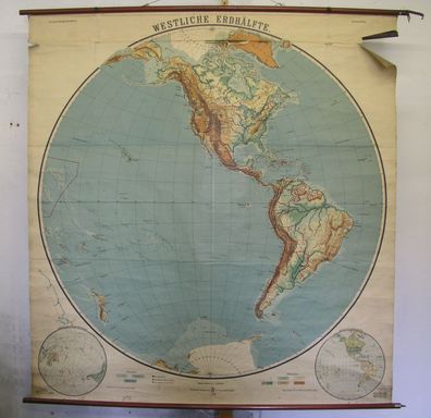 Schulwandkarte Wandkarte Amerika America Planiglobe map Erdhälfte 1914 179x191c