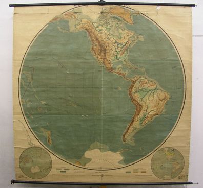 Schulwandkarte Wandkarte Amerika America Planiglobe map Erdhälfte 1914 181x182