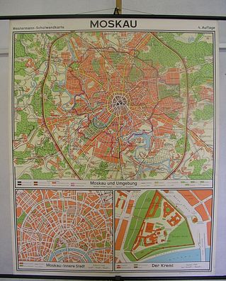 Schulwandkarte Moskau Moskow Stadtplan city map 109x135cm 1972 old vintage chart