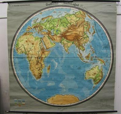 Schulwandkarte Planiglobe Östliche Halbkugel Erdhälfte Weltkarte 167x172 1950