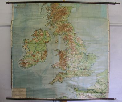 Wandkarte Britische Inseln Höhenprofil 141x137cm vintage 1915 Sydow-Habenicht