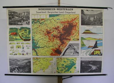 Schulwandkarte Wandkarte NRW Sauerland Bergisches Land Siegerland 140x97cm 1959