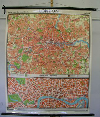 Schulwandkarte schöne alte Londonkarte Stadtplan 109x133cm vintage map von 1973