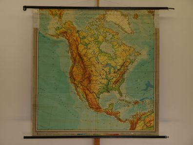 Nordamerika USA Kanada Mexiko physisch 1956 Schulwandkarte Wandkarte 156x155cm