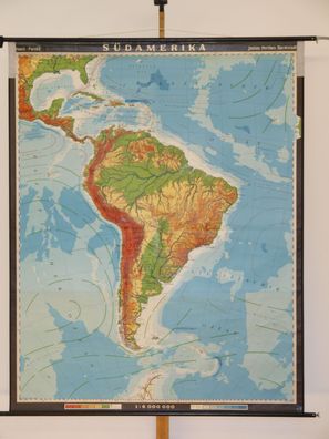 Südamerika physisch Karibik bis Chile 1963 Schulwandkarte Wandkarte 160x201cm
