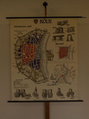 Köln Stadtplan Schmuckplan Historie 1975 Schulwandkarte Wandkarte Wandbild 112x137cm