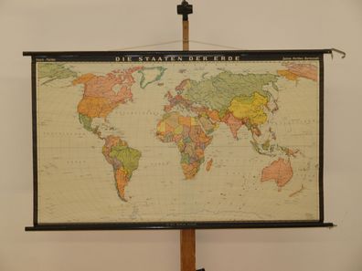 Staaten der Erde kleine Weltkarte politisch 1977 Schulwandkarte Wandkarte 139x84cm