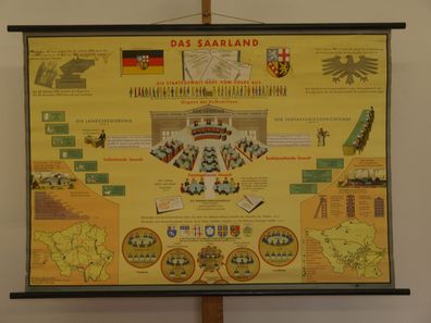 Das Saarland Verwaltung Wirtschaft Wappen 1960 Schulwandbild Wandbild 116x82cm