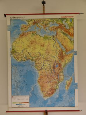 Afrika physisch Süd-Europa Mittelmeer 1989 Schulwandkarte Wandkarte 136x187cm
