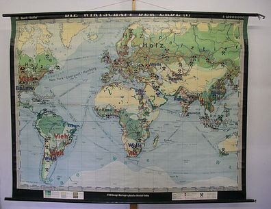 Schulwandkarte Wandkarte Weltkarte Wirtschaft der Erde 1954 223x172cm vintage