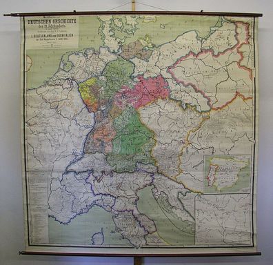 alte Schulwandkarte 1910 1800-1815 Deutschland mit Napoleon 198x198 bis Waterloo
