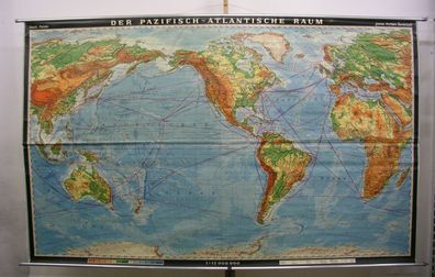 Wandkarte physische Weltkarte Amerika-zentrisch ohne Indien 270x167 vintage 1967